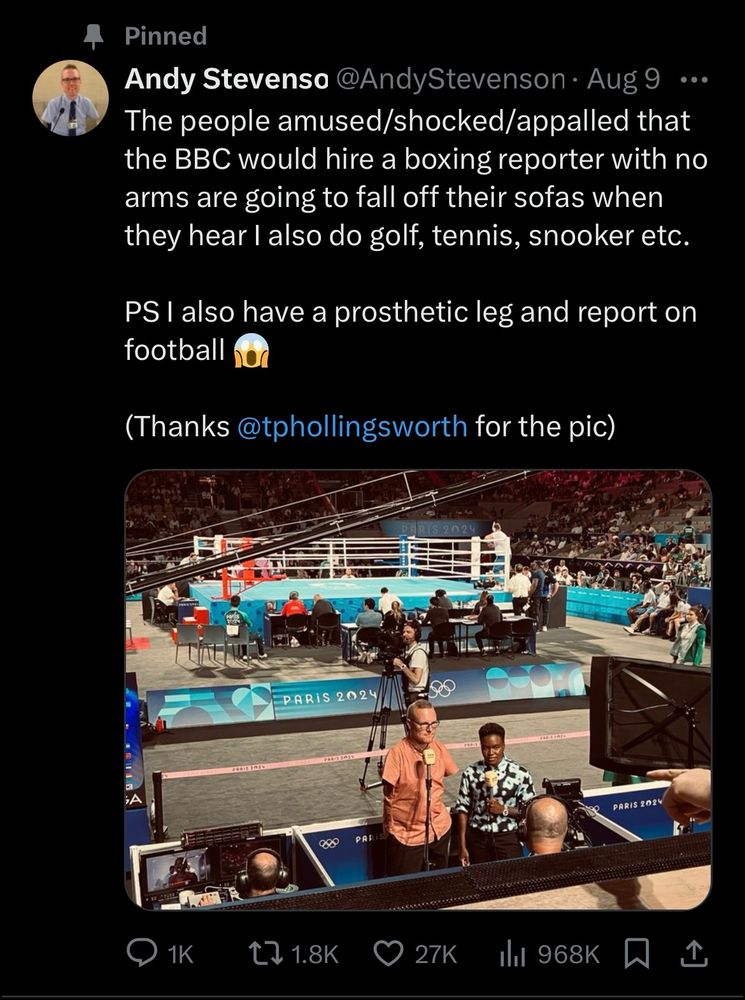 A tweet I wrote during Paris Olympics with a picture taken from the crowd of me and Nicola Adams in front of a boxing ring.