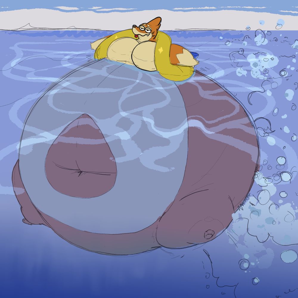 A pear shaped partially submerged floatzel absolutely blasting ass, causing bubbles to rise up behind them