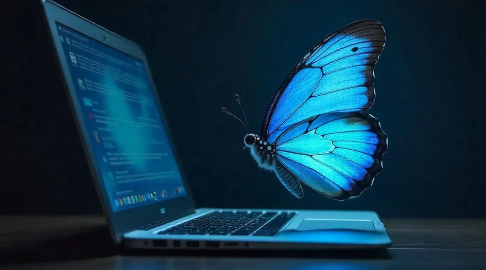 Image générée par une IA montrant un papillon bleu face à un écran d'ordinateur
