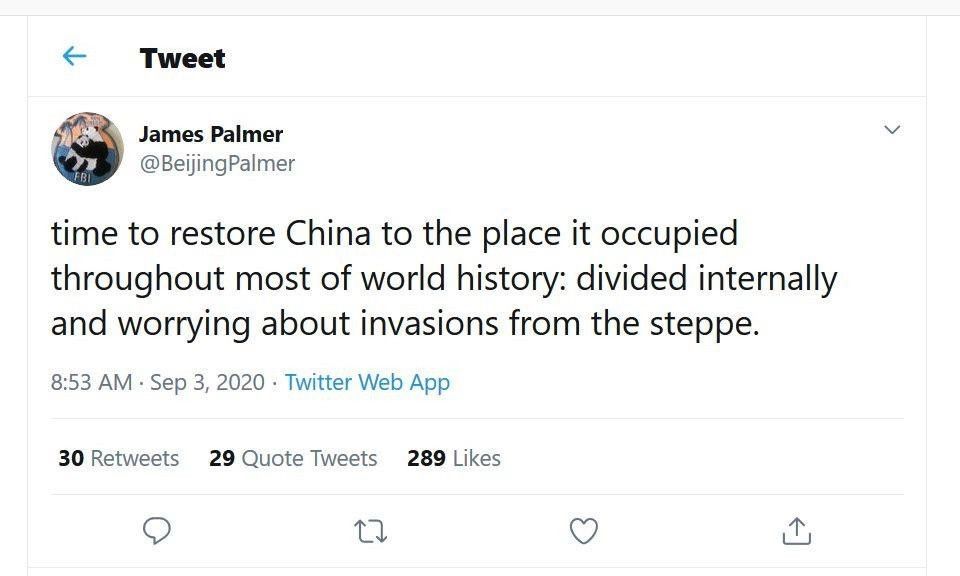 Tweet from BeijingPalmer
time to restore China to the place it occupied throughout most of world history: divided internally and worrying about invasions from the steppe.