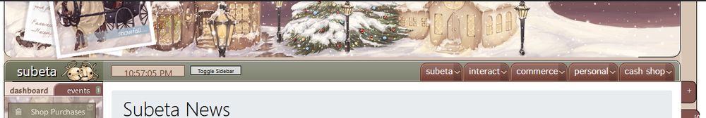 a screenshot of the Subeta header with the Luminaire theme. It's a holiday theme with a tree, snowfall, a lamp, and warm colors of green, red, and tan.