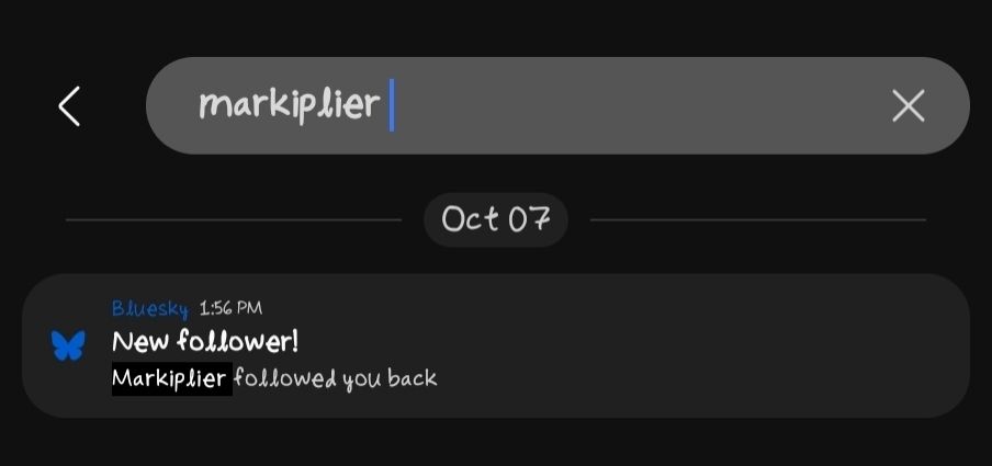 Bluesky notification: New Follower! Markiplier followed you back (just a note, pretty sure is a fan that has that account)