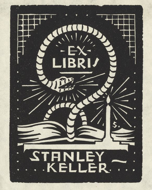 Book plate for Stanley Keller featuring a black-and-white image of a snake coming from the center of an open book lit by candlelight. 