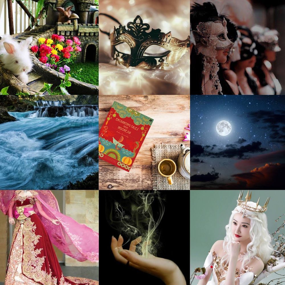 A moodboard of 9 images: a white rabbit running down a staircase, a gold mask on a creamy cloth, a group of people in masquerade masks facing profile, a rush of river water, a red book of Indonesian tales with a teacup and teapot, a starry sky with a full moon and dark clouds, a red-gold Indonesian dress with a pink cape, a hand emitting a gold flame and smoke, and an Asian woman in a white fancy dress with white hair and a crown