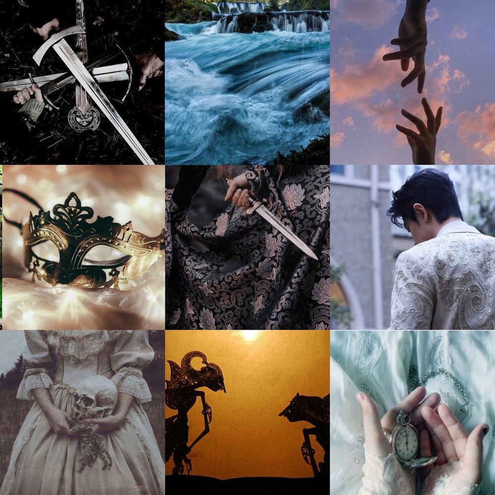 moodboard consisting of 9 pics (a group of swords joined in a huddle (hands can be seen), a river, two hands reaching out for each other against a pinkish sky background, a good masquerade mask on a silky surface with fairy lights, a dagger held behind someone’s back - they’re in a medieval-like dress, the back of an Asian man in a decorated white suit, a skull cradled in the hands of someone in a white-yellowish 18th century dress - they’re also some plants, Indonesian shadow puppets and hands holding a pocket watch against a bluish dress background) in a grid