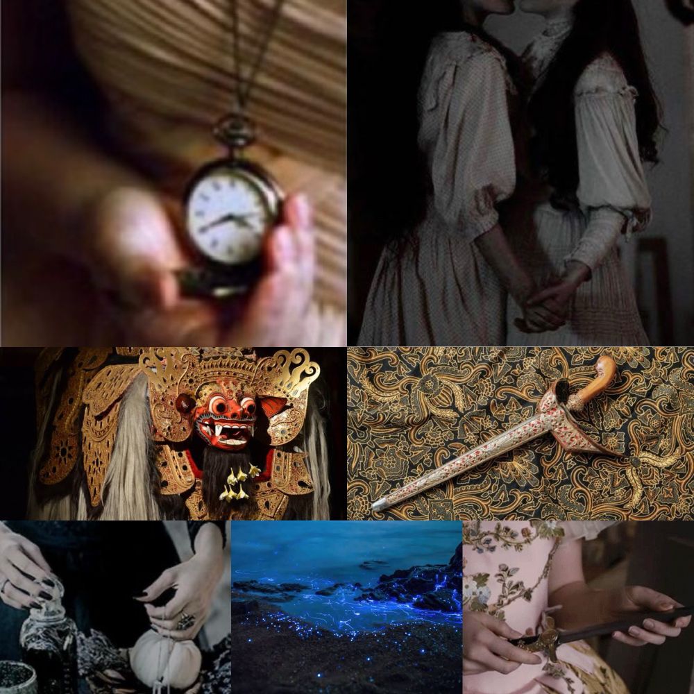 Moodboard of 7 images including an open pocket watch held in a hand, two faceless girls in an embrace and wearing old-fashioned dresses, an Indonesian mythological figure with fangs and large eyes, an Indonesian dagger, hands clasping potion bottles, a body of water flowing, a dagger being held by a faceless figure in an old-fashioned dress