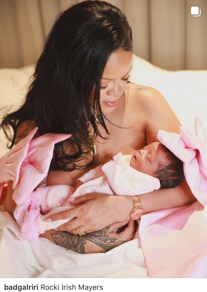 instagram post from rihanna of her holding her and asap rocky’s newborn baby girl, rocki irish mayers