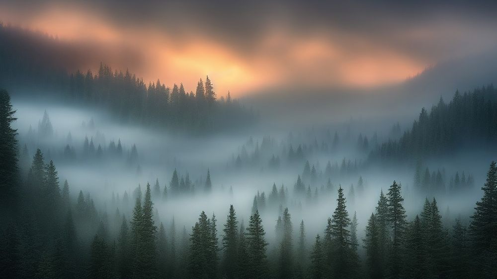 foggy mist sunrise over forest 