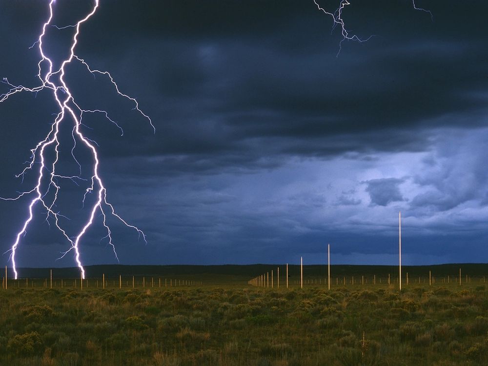From the artist’s foundation website:
"The Lightning Field (1977), by the American sculptor Walter De Maria, is a work of Land Art situated in a remote area of the high desert of western New Mexico. It is comprised of 400 polished stainless-steel poles installed in a grid array measuring one mile by one kilometer. The poles—two inches in diameter and averaging 20 feet, 7½ inches in height—are spaced 220 feet apart and have solid, pointed tips that define a horizontal plane. A sculpture to be walked in as well as viewed, The Lightning Field is intended to be experienced over an extended period of time. A full experience of The Lightning Field does not depend upon the occurrence of lightning, and visitors are encouraged to spend as much time as possible in the field, especially during sunset and sunrise.”