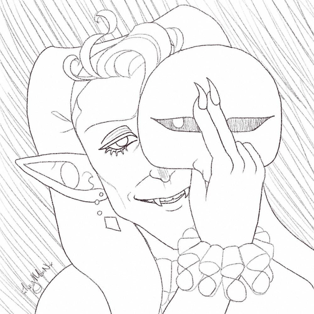 Sketch of a close up shot of my OC Peek-a-Boo holding his mask slightly away from his face and smiling at the viewer . He is wearing his jester costume .