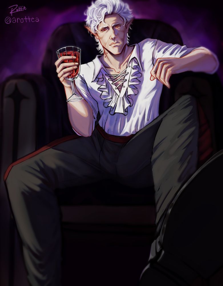 Digital painting of Astarion from the game Baldurs Gate 3. He is lounging in an arm chair, one hand holding a glass of blood, while the other rests on the arm of the chair. He also has one leg up pushing his foot towards the viewer.