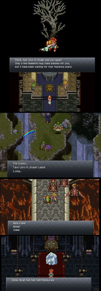 A collage of moments from Chrono Trigger, including Nadia's reunion with Chrono where she embraces it, Robo being recovered in the temple of Fiona, Cyrus being killed by Magus and Glen listening to his dying words, and Ozzie thinking he's hot shit in a block of ice.
