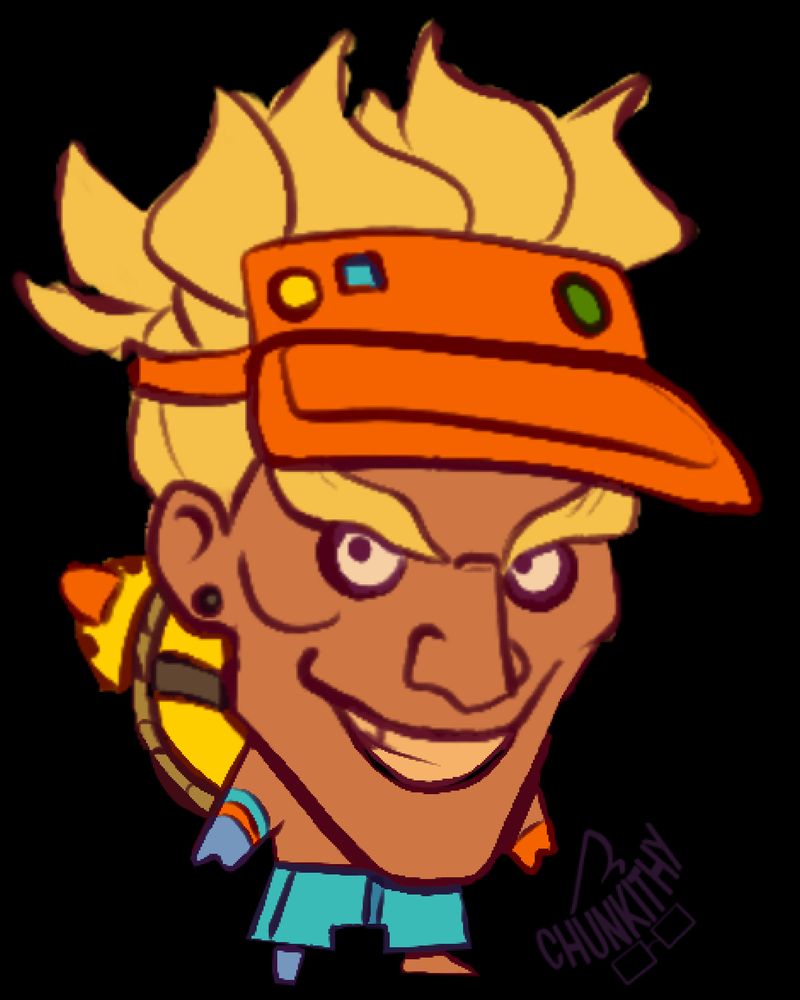 A digital drawing of Junkrat from overwatch. His face is accurate to his normal appearance but his body is tiny and cartoonish.