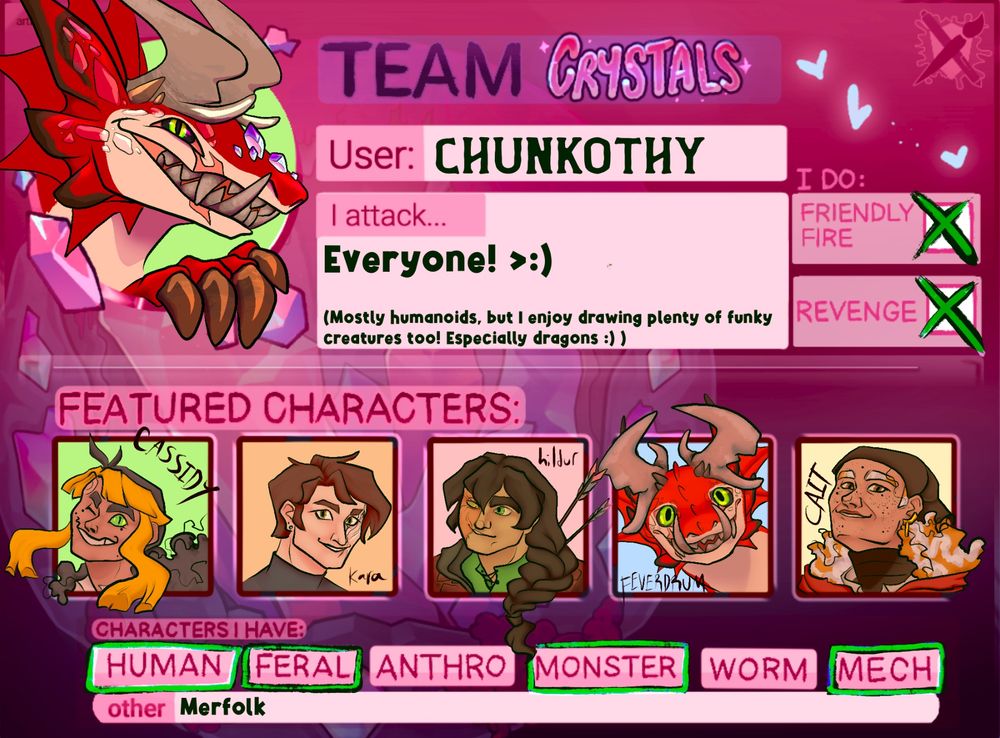 A team crystal art fight user card containing user information, character art, and a profile picture. The profile picture is a dragon smiling mischievously, and the user's name is Chunkothy. 