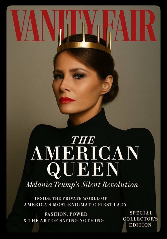 Magazine cover featuring a woman in black with a gold crown against a gray background.