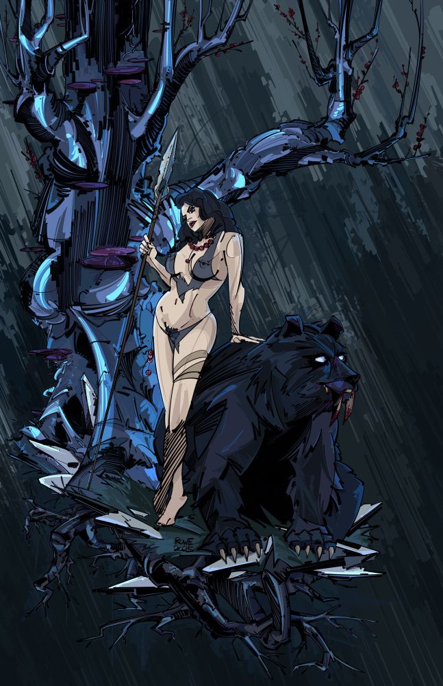 Nocturnal Berry. A digital painting created entirely in procreate, by Matt Rowe. Nocturnal Berry is a love letter to the fantastical art of 20th-century pulp novels. It captures a moment of raw power and natural beauty, a goddess and a bear, entwined in an ethereal encounter. 