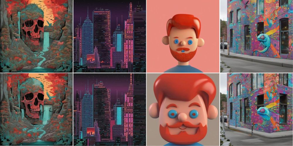 Comparison of LoRA vs EigenLoRAx in text-to-image generation. Top row shows images generated by individual LoRAs, bottom row shows equivalent quality images generated by a single EigenLoRAx with 18× memory reduction. Includes diverse styles: surreal forest scene, cyberpunk cityscape, 3D character portrait, and abstract street art.