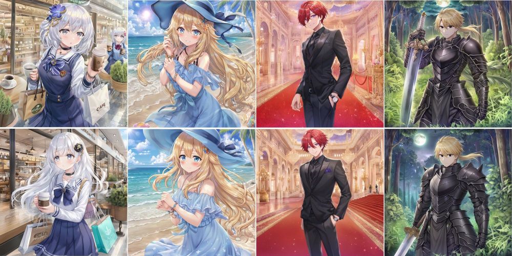 Comparison of LoRA (top) vs EigenLoRAx (bottom) generated anime-style characters, demonstrating maintained visual quality with significantly fewer parameters across different character designs and artistic styles