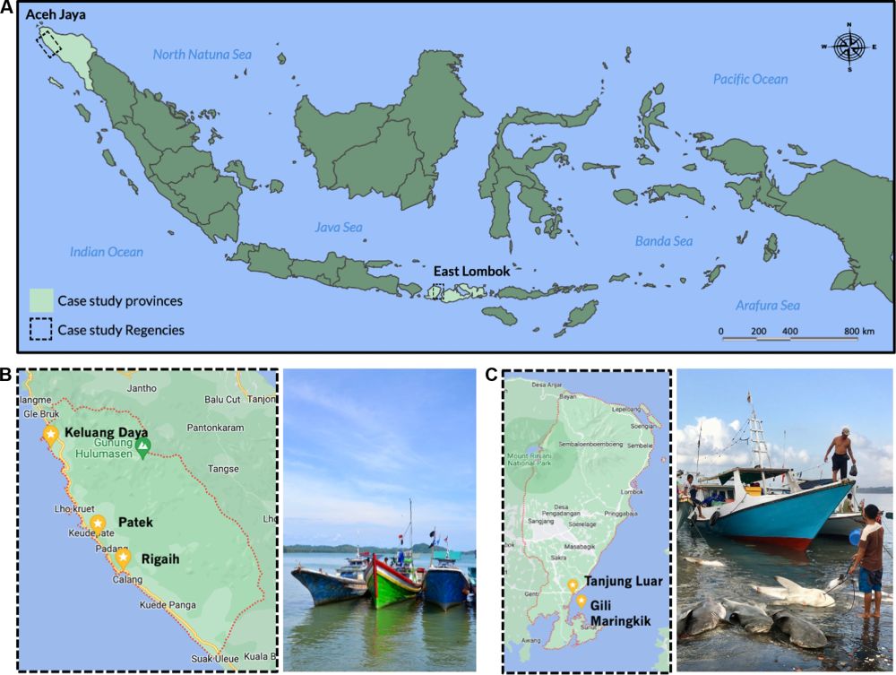 Map of Indonesia, showing locations of study provinces/Regencies, Map of Aceh Jaya Regency indicating case study villages and an illustrative photograph of fishing boats in the Regency, Map of East Lombok Regency, and an illustrative photo of fishing boats in the Regency.