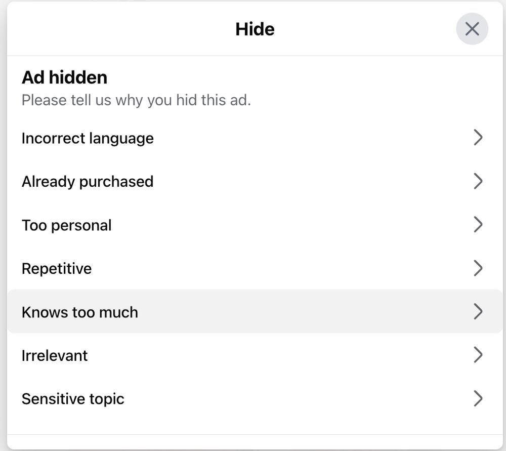 Ad hidden. Please tell us why you hid this ad .... "Knows too much" 