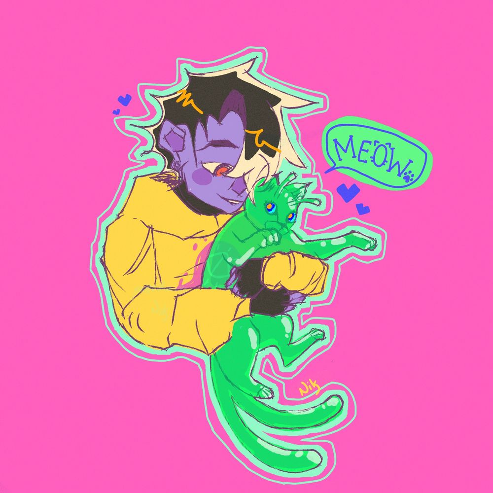 Digital art showing the bust of a purple skinned person with black hair, holding a green alien cat with two tails. The cat is made out of slime.
