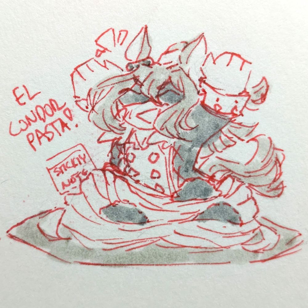 A doodle of El Condor Pasa cheering while standing in a plate of spaghetti and meatballs. She is wearing her signature race outfit and her body up to her tail is visible above the pile of food. "El Condor Pasta!" is written on the left side of the doodle.