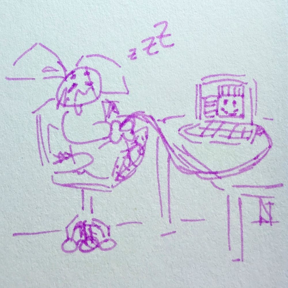 A doodle of me (as a bunny-like creature with the left ear folded down) falling asleep playing picross on my laptop. Bunny me is sitting in an office chair in front of a desk, holding a game controller (which is plugged into the laptop). Bunny me's right ear is drooping, their mouth is open and drooling a little, and there is a trail of "ZZZ" floating from their head.