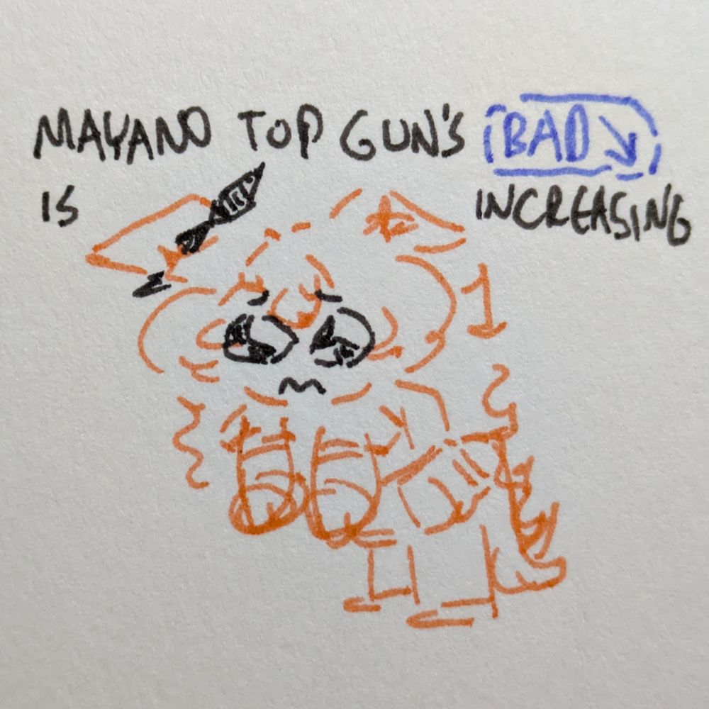 Incredibly sad and pathetic chibi Mayano Top Gun I doodled from memory. Above her is the text "Mayano Top Gun's Bad is Increasing", but the "Bad" is specifically the Bad Mood symbol from Uma Musume (also from memory)