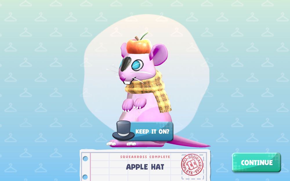 Squeakiy, my rodent in the game Squeakross. A light purple rat/mouse-like rodent wearing a red apple hat on top of their head, a sunflower seed, and a yellow plaid scarf.