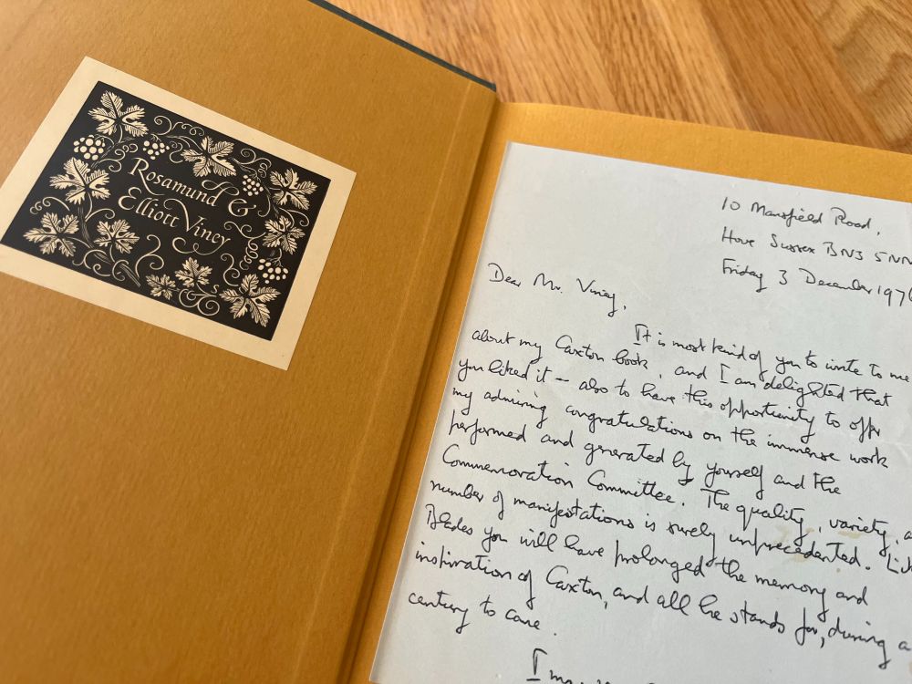 A copy of George D. Painter's biography of William Caxton (1976) with the bookplate of Rosamund and Elliott Viney and a letter from the author.