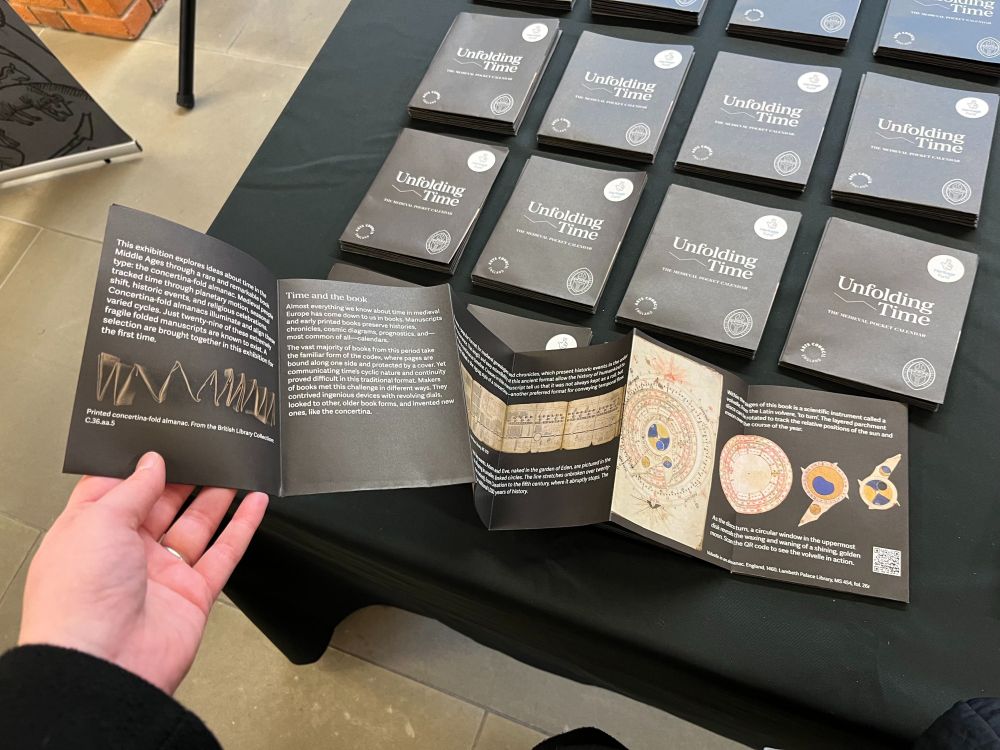 An exhibition leaflet for 'Unfolding Time' at Lambeth Palace Library, formatted to resemble a concertina-fold almanac 