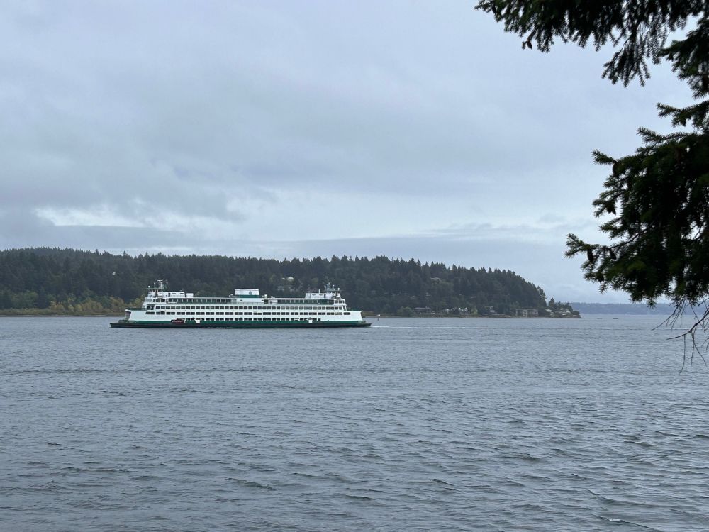 ferry boat going through the passage. overcast and misty day 