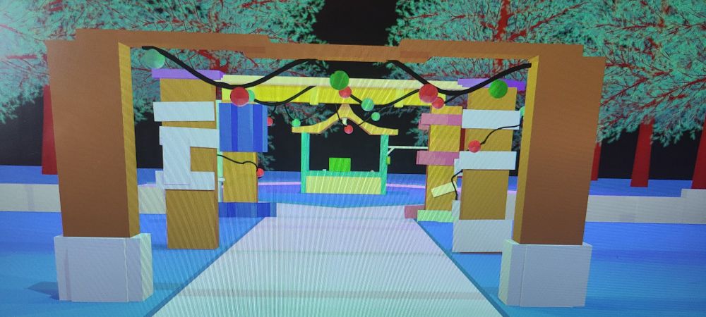 A 3d model of martlets sentry station from undertale yellow, with dark purple and blue lighting, with green christmas lights