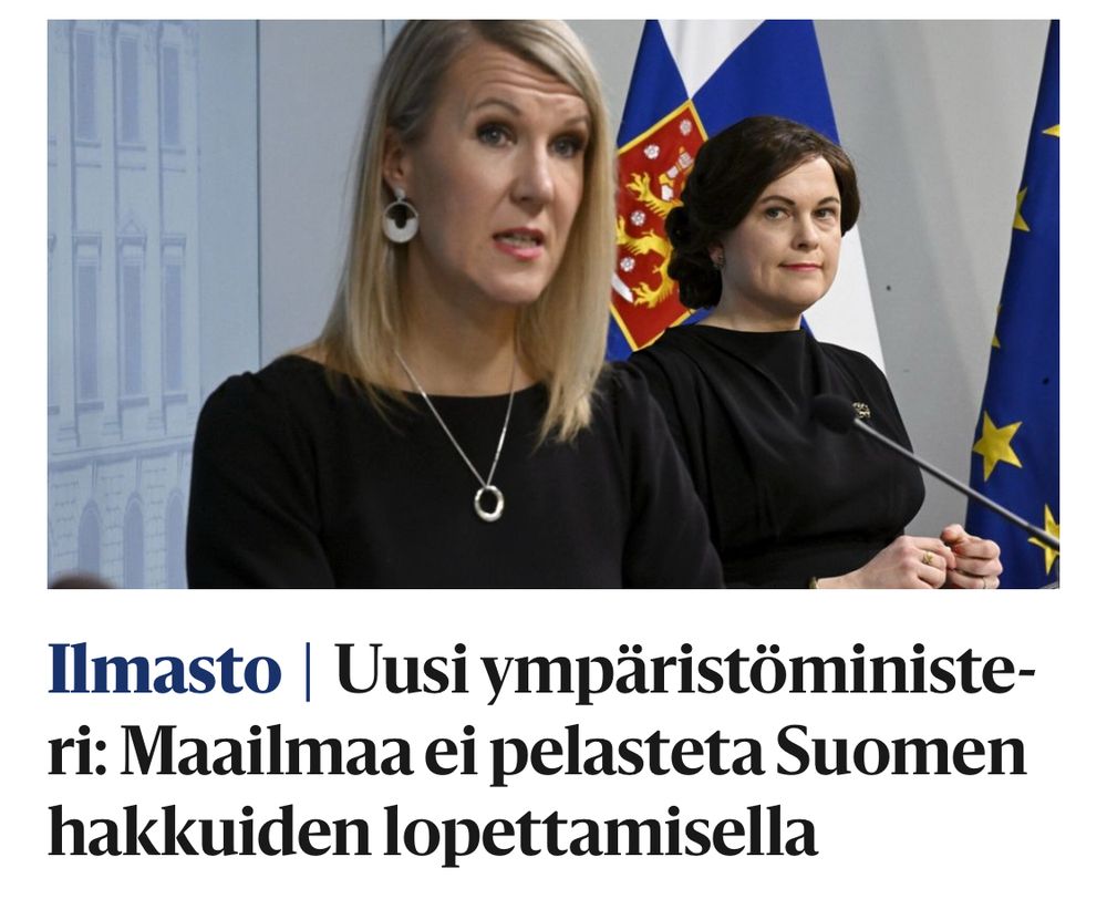 Kuvakaappaus HS: Uusi ympäristöministeri: Maailmaa ei pelasteta Suomen hakkuiden lopettamisella