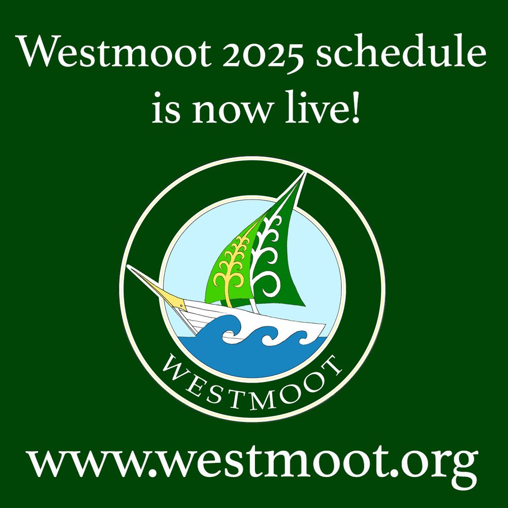 A graphic containing the Westmoot logo (the ship Vingilot rigged with the two green sails printed with images of the Two Trees sailing on the sea enclosed by a dark green circle and white text “Westmoot”) against a dark green background. There is white text on the graphic that reads, “Westmoot 2025 schedule is now live! www.westmoot.org”. 