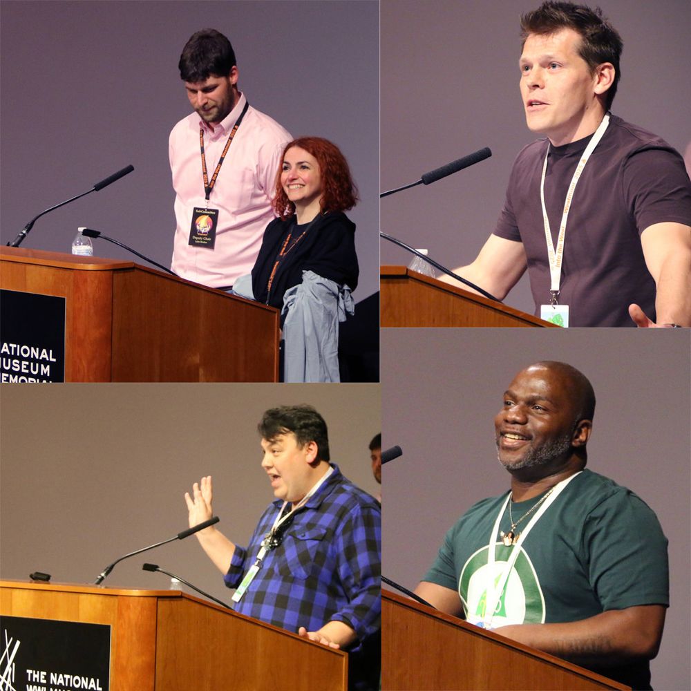 Four images of people speaking at a podium during the Welcome at Westmoot on Friday evening.