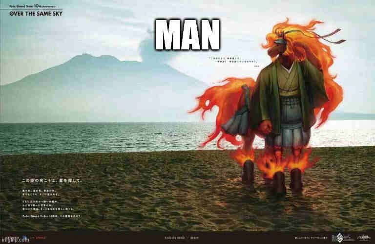 an edit of the red hare FGO over the same sky newspaper art where he is standing at the beach in japanese clothes. man is written in impact font at the top and the image has been compressed to appear pixelated