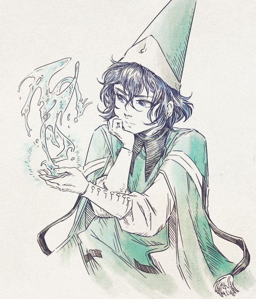 agott from witch hat atelier quietly admiring a small water dragon conjured from a circular piece of paper in her palm