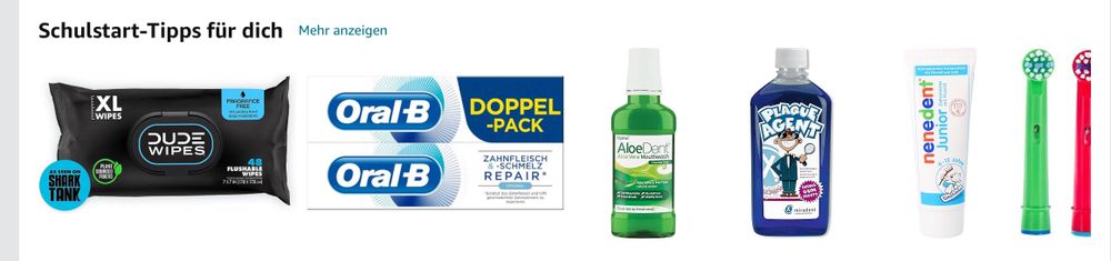 Unter der Überschrift „Schulstart-Tipps für dich“ werden eine Reihe an Zahnpflegeprodukten präsentiert. 