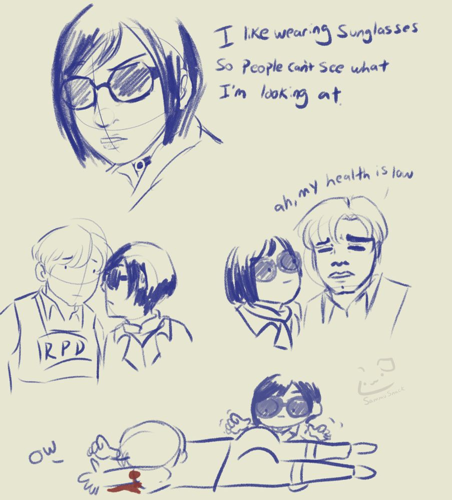 doodles of Ada and Leon from Resident Evil 2 (Remake).
Ada is wearing sunglasses and says, "I like wearing sunglasses so people can't see what I'm looking at."
Then there's three seperate drawings of her, in sunglasses staring at Leon.
One in the face, one in the face while he moans (which is what he does when he's of low health), and at his butt, when he's laying on the floor after being shot.