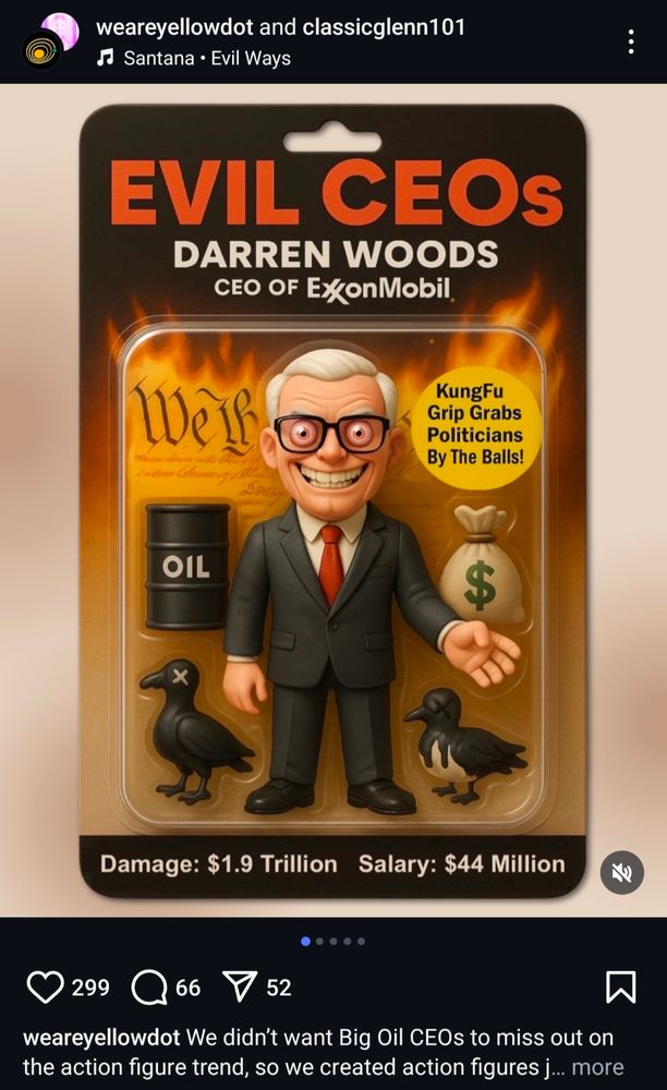 Screenshot of an Instagram post from Yellow Dot Studios of an AI generated action figure of "Evil CEO" Darren Woods, CEO of ExxobMobil.