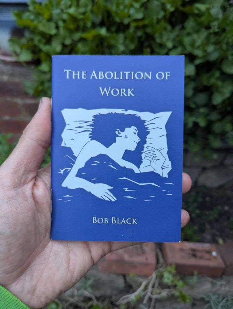 My hand holding a small blue booklet in front of plants growing over a wall. In very light blue the cover reads: THE ABOLITION OF WORK by Bob Black with an image of someone asleep in bed.
