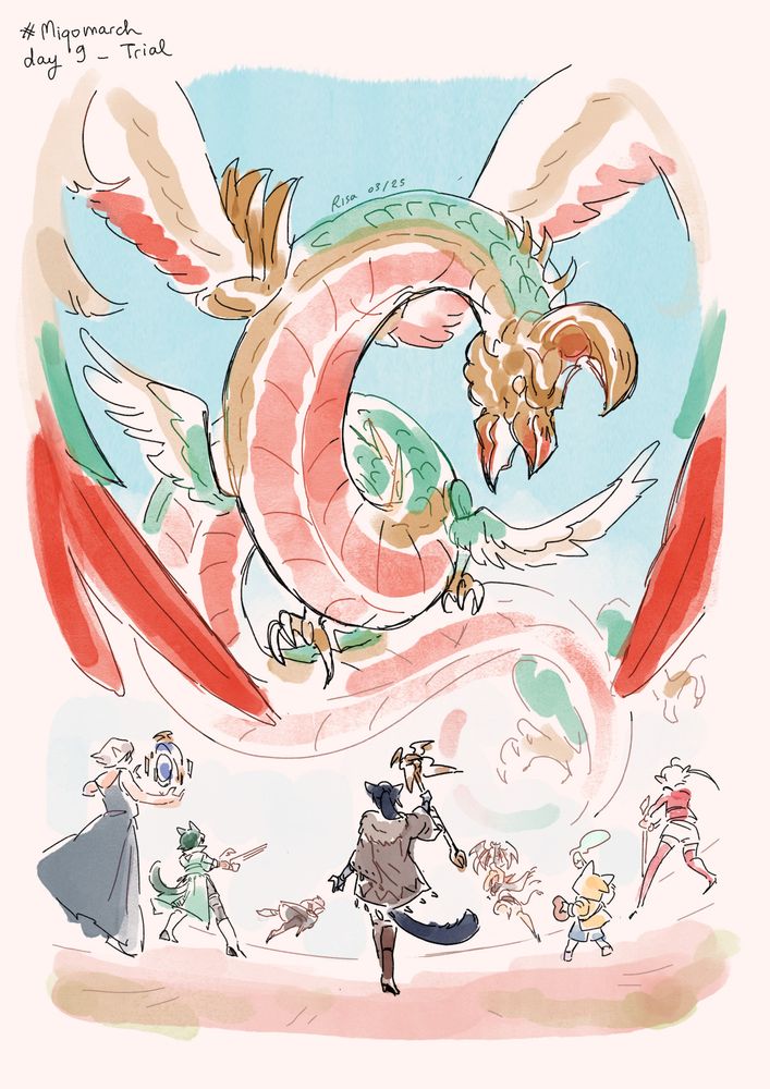 An illustration of Valigarmanda swirling in the sky, with the party ( Urianger, Koana, Thancred, Wuk Lamat, Krile, Alisaie and Noa) readying for battle.