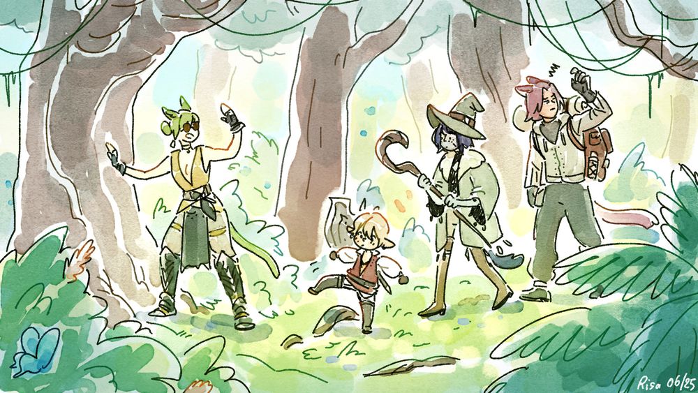 An illustration of 4 characters making their way through the jungle
