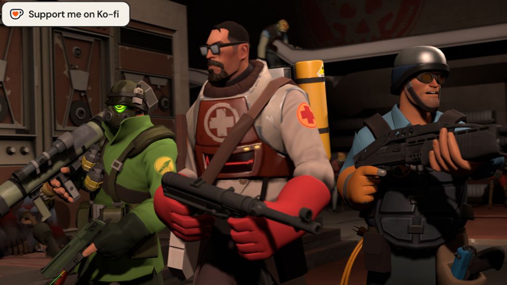 An SFM Poster of a RED Medic, BLU Engineer, and GRN Soldier wandering through some dark, dilapidated hallways infested with zombies.