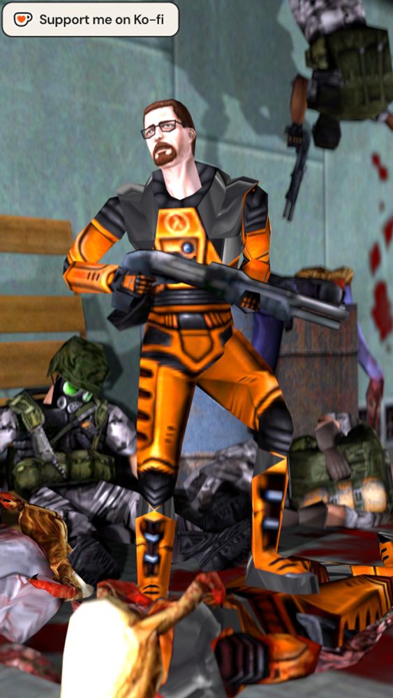 A Poster of Gordon Freeman standing over a room of Zombie and HECU corpses holding a shotgun, looking around to see if there's anything left.