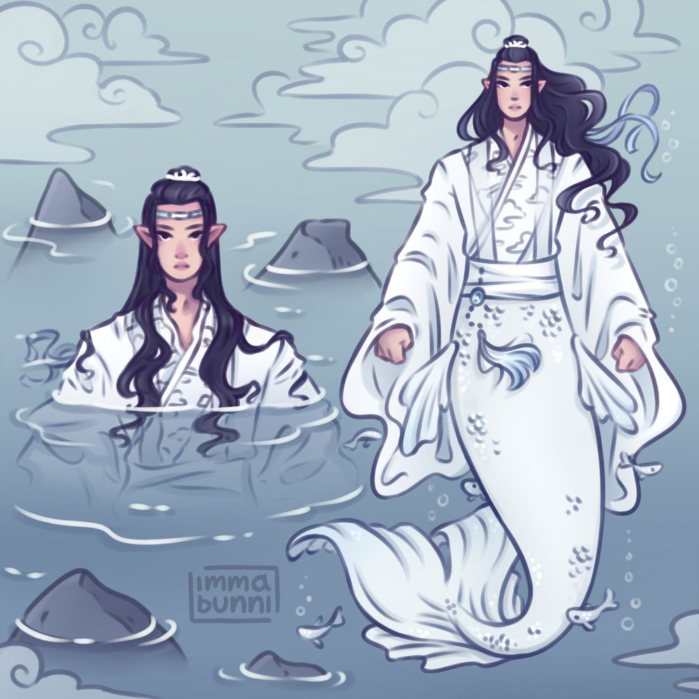 Two drawings of Lan Wangji (Lan Zhan) from the Untamed/ MDZS as a mermaid. One drawing is a bust, shoulders up out of the water and hair in wet curls. The other is a full body with a graceful white tail and flowing write robes on the top half of his body. His hair and ribbon float in the water and little white fish swim around him to a background of light blue/grey water and clouds