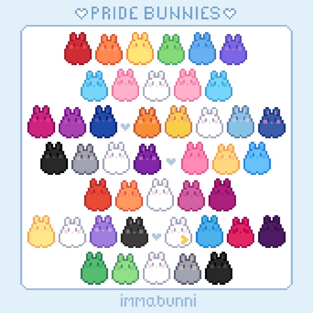 a collection of many pixel bunnies in various pride flag colors: gay, trans, bisexual, aroace, asexual, pansexual/panromantic, lesbian, nonbinary, polyamory, aromantic. The bunnies are in lines contained within a border with text above that reads "Pride Bunnies"