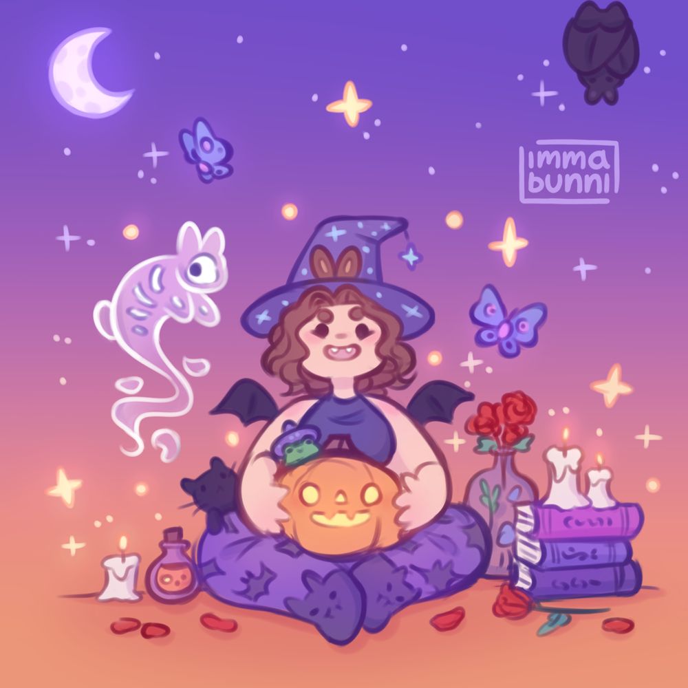 digital art drawing of a girl character sitting with a jack-o-lantern pumpkin in her lap - she wears a purple witch has, has little vampire fangs, bat wings, bunny ears, and purple bat pajamas. She's surrounded by spooky items: a ghost bunny with a skeleton, purple moths, dripping candles, potion bottle, stack of books, a tiny wizard frog, a black cat, red roses, and a bunny bat hanging in the corner. A crescent moon and stars and sparkles fill the background.