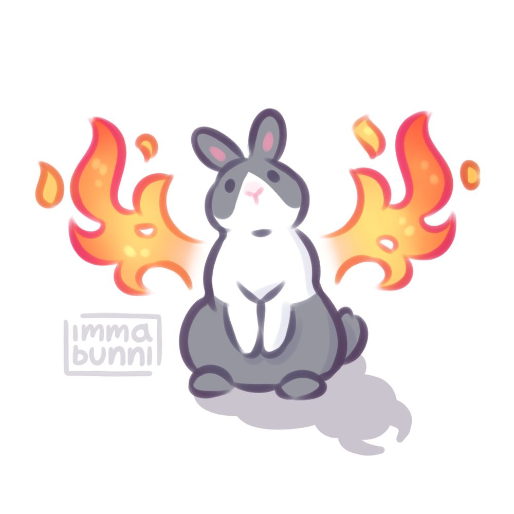 Drawing of Daisy, a black and white rabbit with firey wings, for Pejota on artfight
